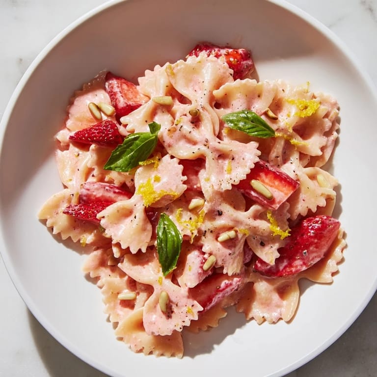 A beautiful plate of Strawberry Sour Cream Pasta, ready to eat, with glimpses of a summery, vegetarian meal.