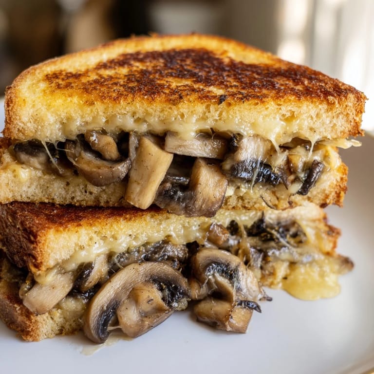 A close-up view of the rich, comforting Creamy Mushroom Grilled Cheese, showcasing the crispy bread texture.