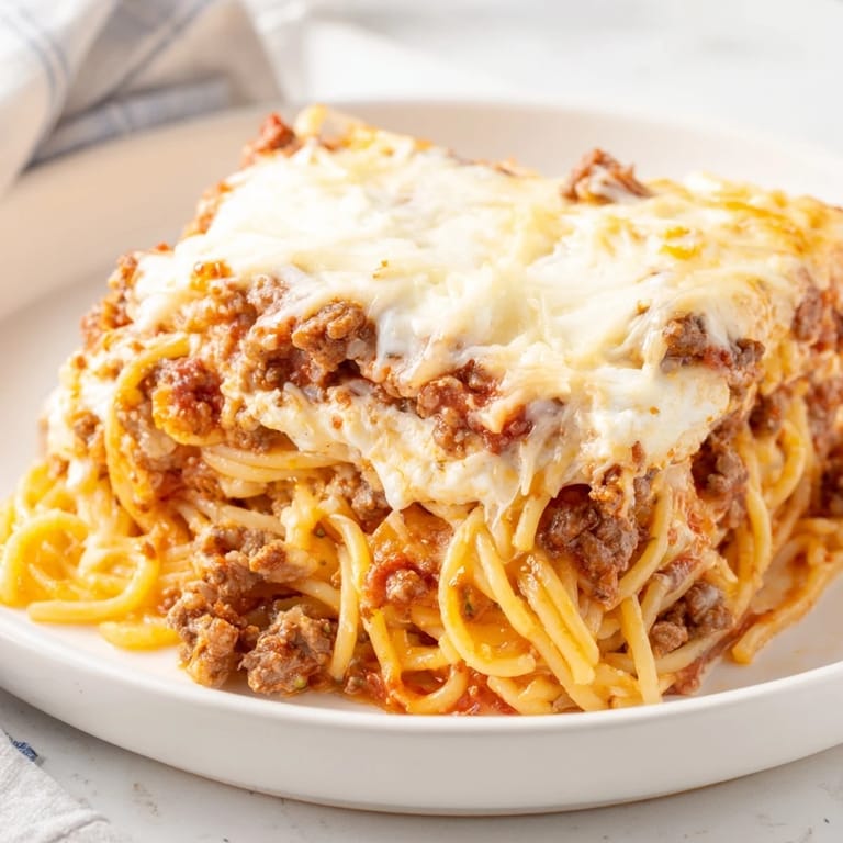 A forkful of creamy, meaty Million Dollar Spaghetti, a comforting American-Italian family favorite, looks amazing.