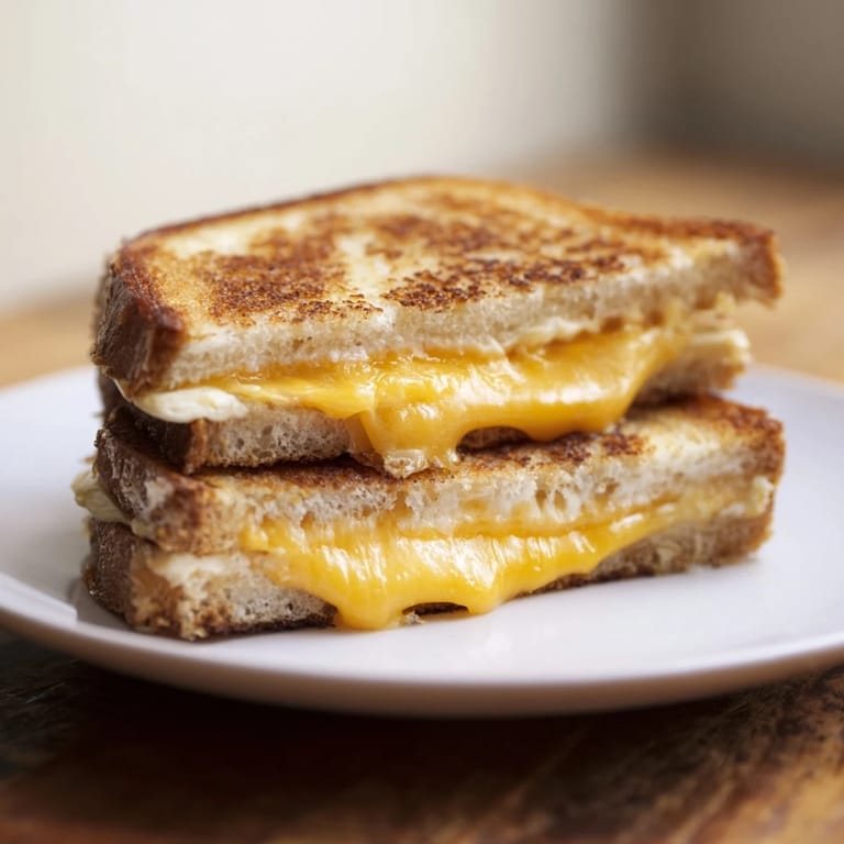 A perfectly toasted Mayo Grilled Cheese with a creamy cheese center, served with warm tomato soup.