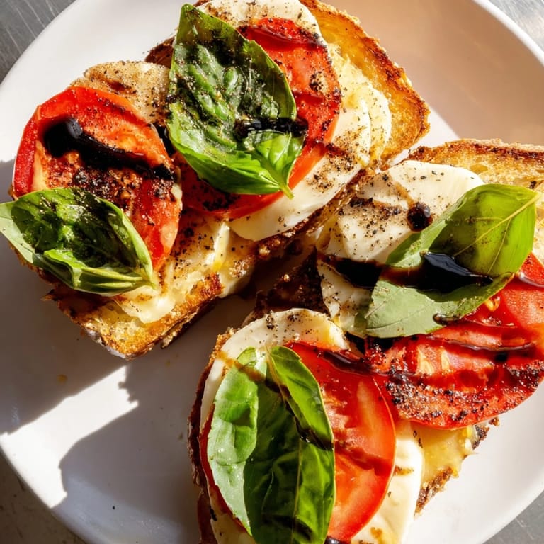 A close-up view of the delicious Caprese Salad Grilled Cheese, oozing with cheese and basil.