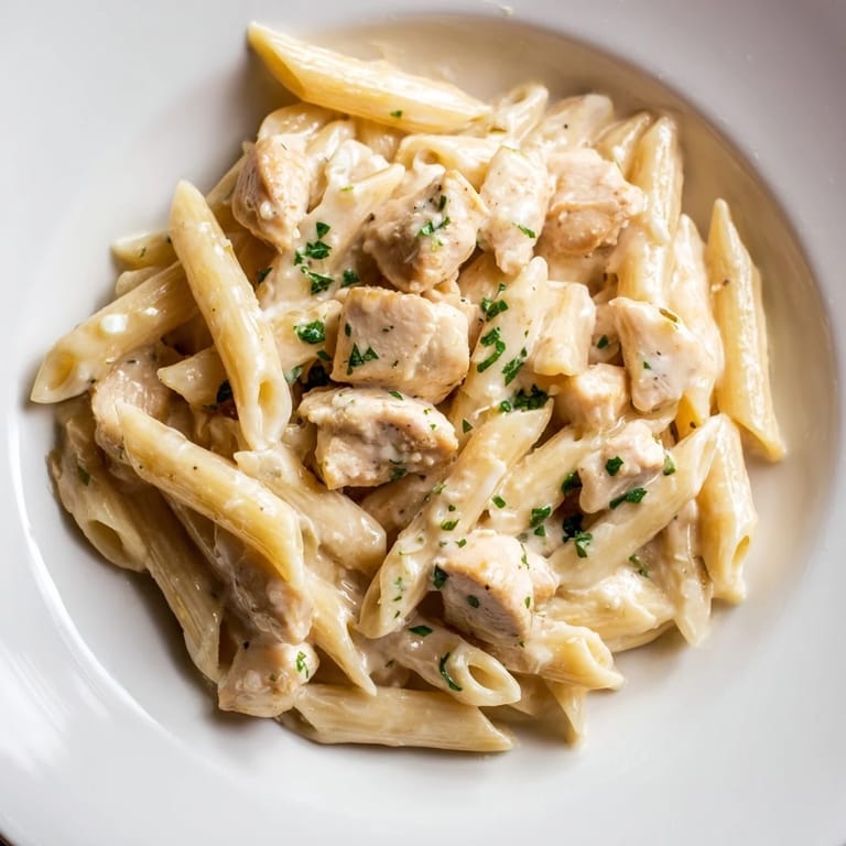 Steaming Quick Garlic Parmesan Chicken Pasta, with parsley garnish, ready to serve for a comforting meal.
