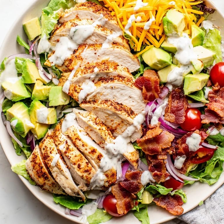 This fresh Crispy Bacon Chicken Salad offers savory, smoky bacon and tender chicken over mixed greens.