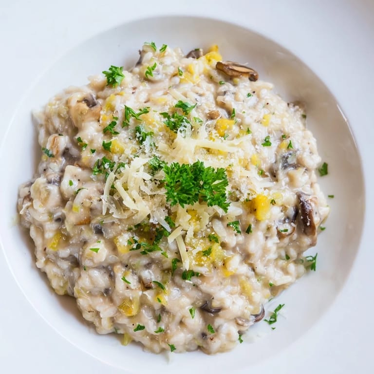 A close-up of delicious risotto with mushrooms, garnished with fresh parsley and Parmesan.