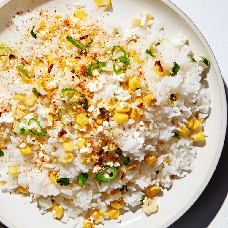 Close-up of savory Mexican Street Corn Rice; a perfect, flavorful vegetarian side dish option.