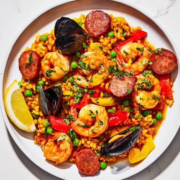 A steaming skillet of Paella Spanish Rice, boasting savory chorizo, colorful veggies, and fresh parsley.