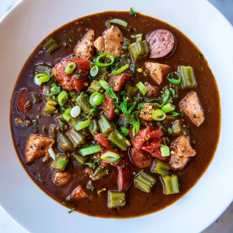 Enjoy a comforting bowl of spicy and flavorful Gumbo Okra Soup with a depth of savory taste.