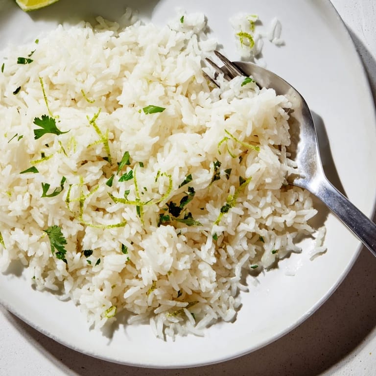A close-up of fragrant Cilantro Lime Rice, a side dish with bright cilantro and zesty flavor.