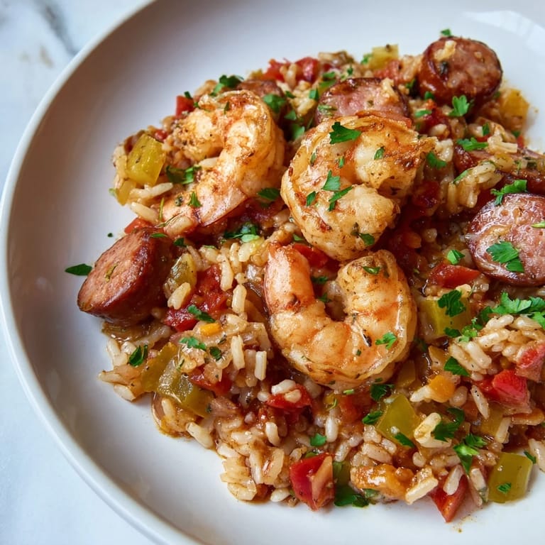 A close-up of a flavorful Jambalaya Skillet, with fluffy rice and perfectly cooked shrimp.