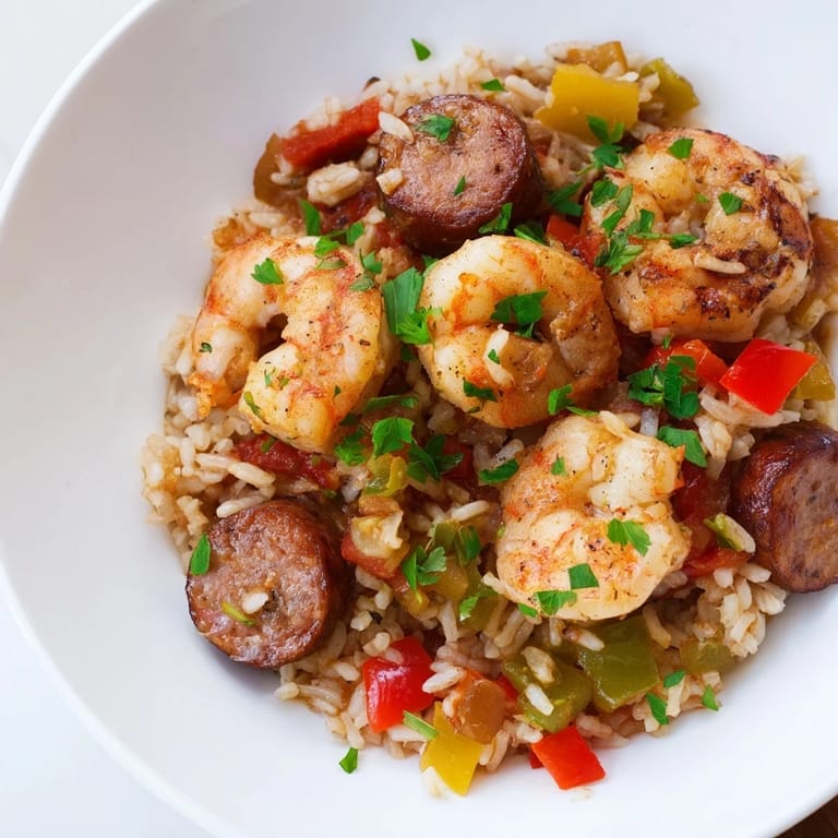 Fragrant and colorful Jambalaya Skillet, brimming with savory meats and vegetables in a rich sauce.