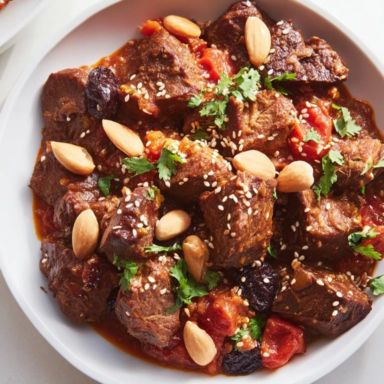 A steaming bowl of Moroccan Lamb Tagine, showcasing the jewel-toned prunes alongside toasted almonds.