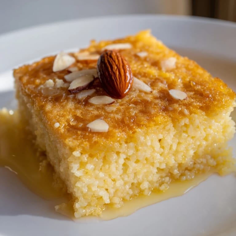 A close-up of a delightful Basbousa, showcasing its coconut flakes and syrup just soaking in.