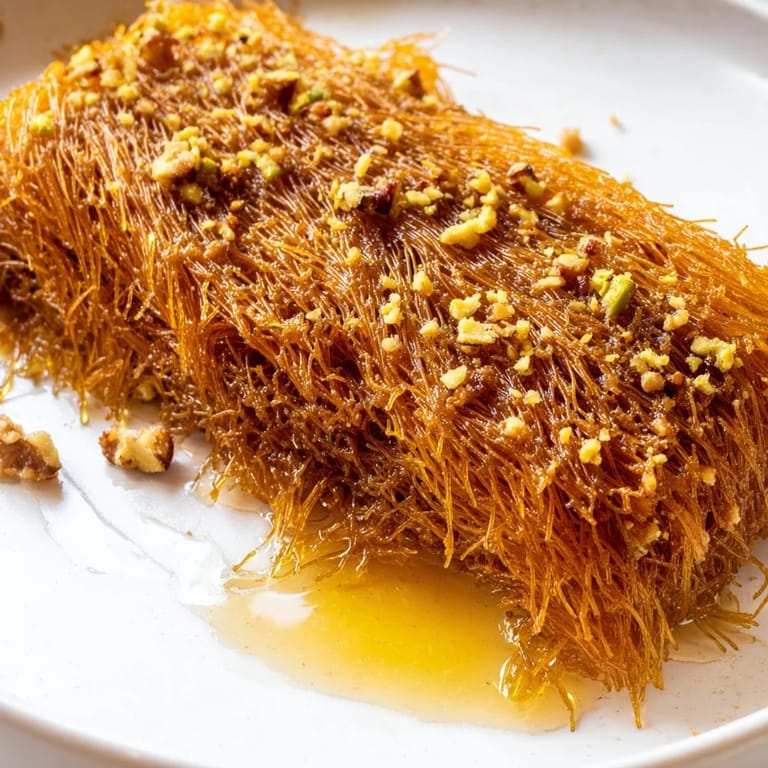 A close-up of a beautifully layered Egyptian Konafa, showcasing the nutty filling and flaky texture.