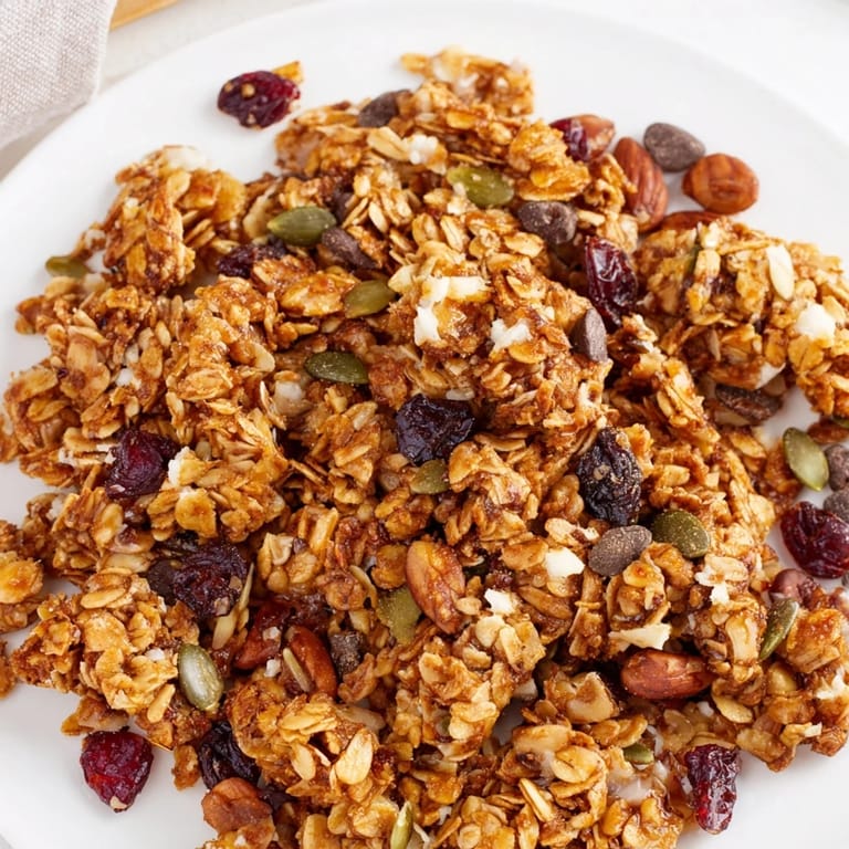 A close-up shows chunky granola clusters mixed with oats, nuts, and dark chocolate chips, ready for breakfast or snacking.