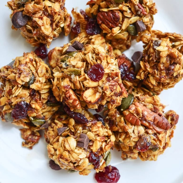 Golden granola clusters made with oats and honey are arranged in a rustic ceramic bowl beside a glass of milk.