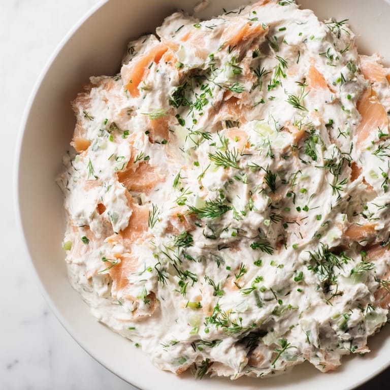 Silky smoked salmon dip with chopped salmon and herbs, ready for spreading on bagel chips or veggies.