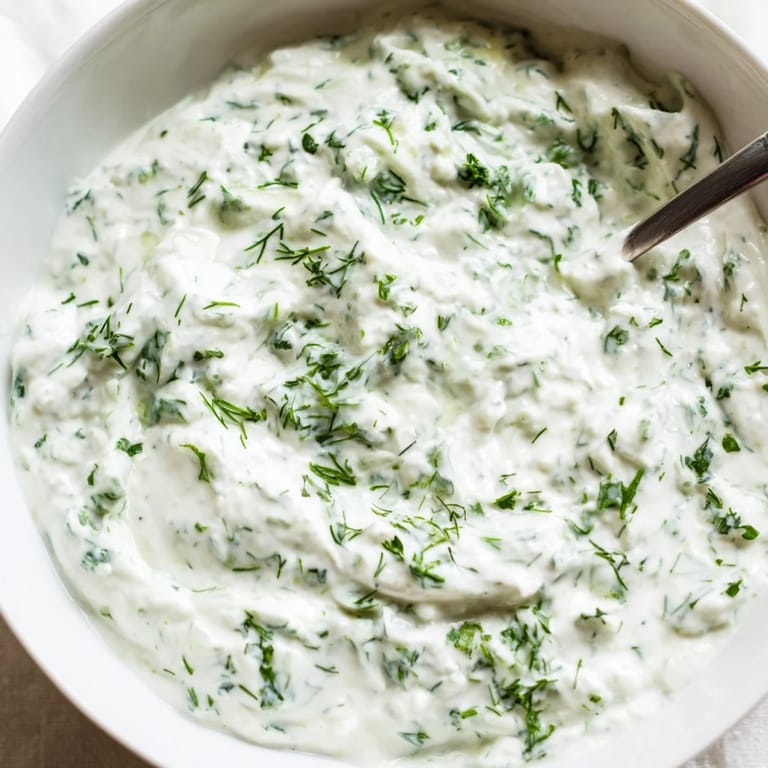 A chilled bowl of Greek Yogurt Herb Dip features vibrant green herbs and lemon zest, served with crunchy cucumber slices.  