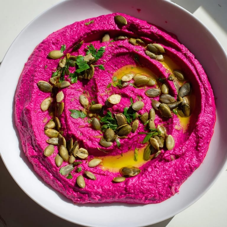 Roasted beet hummus in a rustic bowl, garnished with sesame seeds and parsley, perfect for dipping with fresh vegetables.  