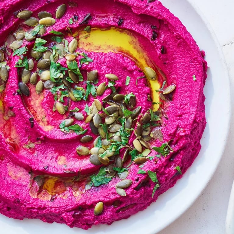 Homemade beet hummus with a bright pink color, drizzled with olive oil and served as a colorful appetizer spread.