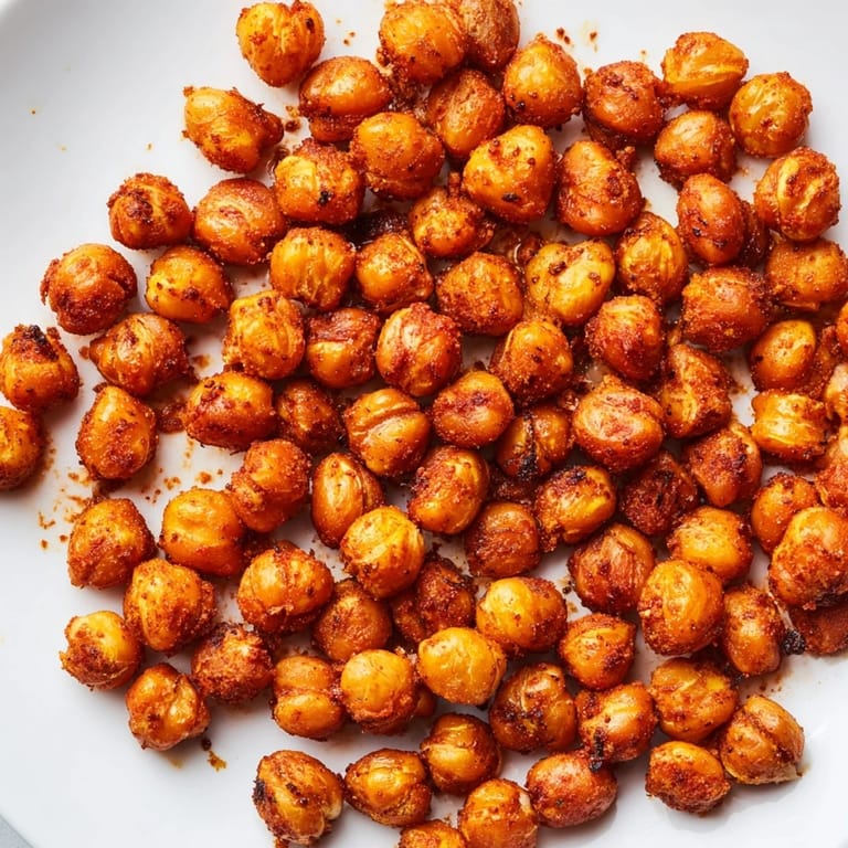 Vibrant crispy chickpea snack tossed in olive oil and bold spices, steaming on a parchment-lined baking sheet.