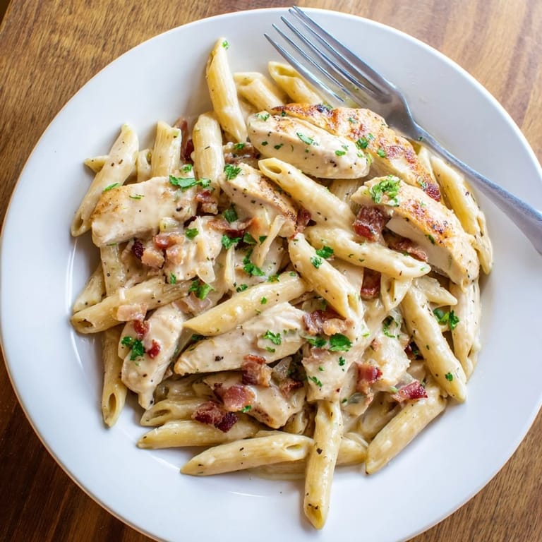 This creamy chicken bacon penne pasta dish features crispy bacon pieces and tender chicken nestled in a rich, glossy sauce.