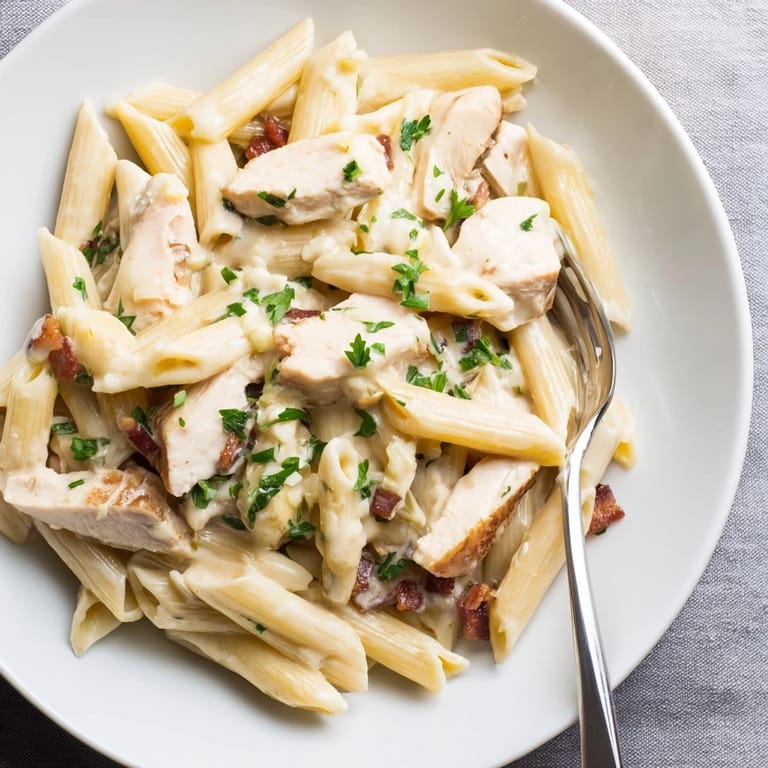 A fork twirls creamy chicken bacon penne, highlighting the luscious garlic-Parmesan sauce and savory chicken in a comforting pasta meal.