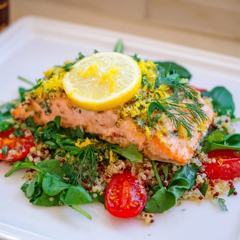 A warm Lemon Herb Salmon Salad features crisp greens, juicy tomatoes, and flaky salmon for a fresh dinner.