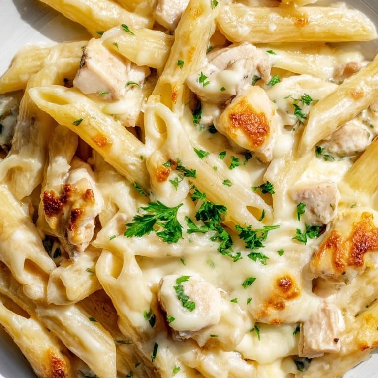 Comforting Chicken Alfredo Casserole served hot from the oven, garnished with parsley and ready for family dinner.