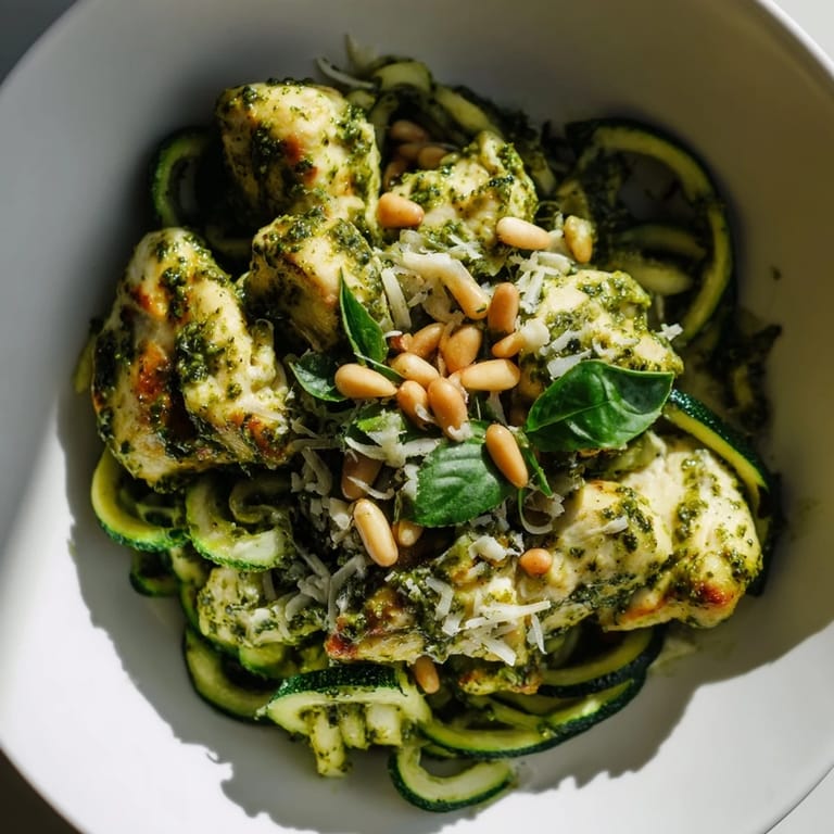 A close-up of tender chicken and zucchini noodles coated in glossy pesto, topped with grated Parmesan cheese and a squeeze of bright lemon.