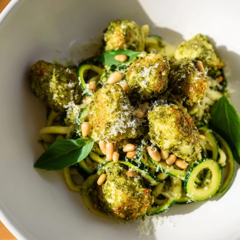 Serving suggestion for Pesto Zucchini Chicken Bowl, featuring a colorful, low-carb Mediterranean meal ready to enjoy with a fresh basil garnish.