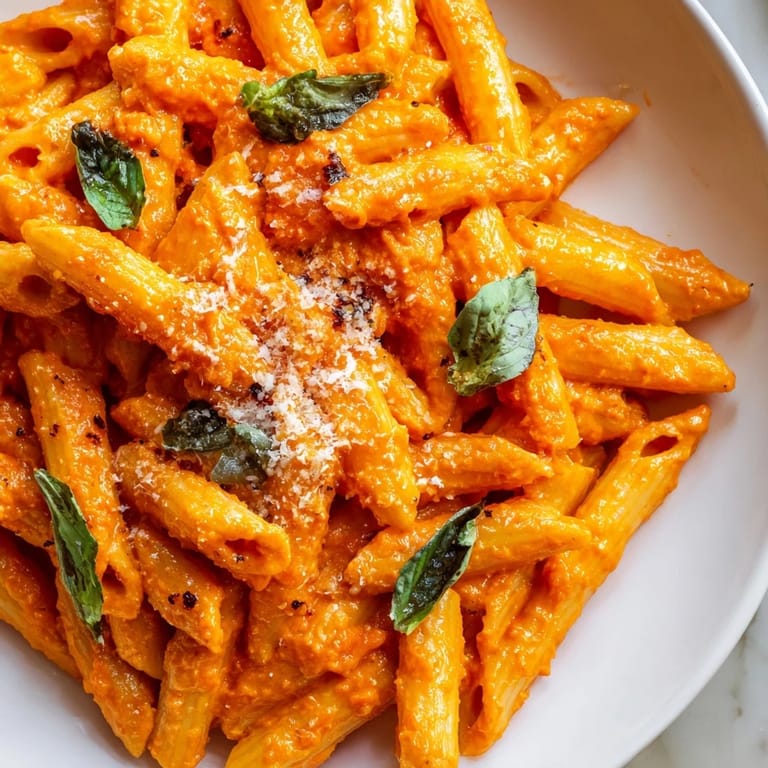 A skillet of Roasted Red Pepper Pasta served with extra Parmesan and warm garlic bread on the side. 