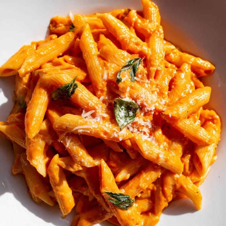 Smooth, velvety Roasted Red Pepper Pasta in a white bowl, garnished with torn basil leaves and black pepper.