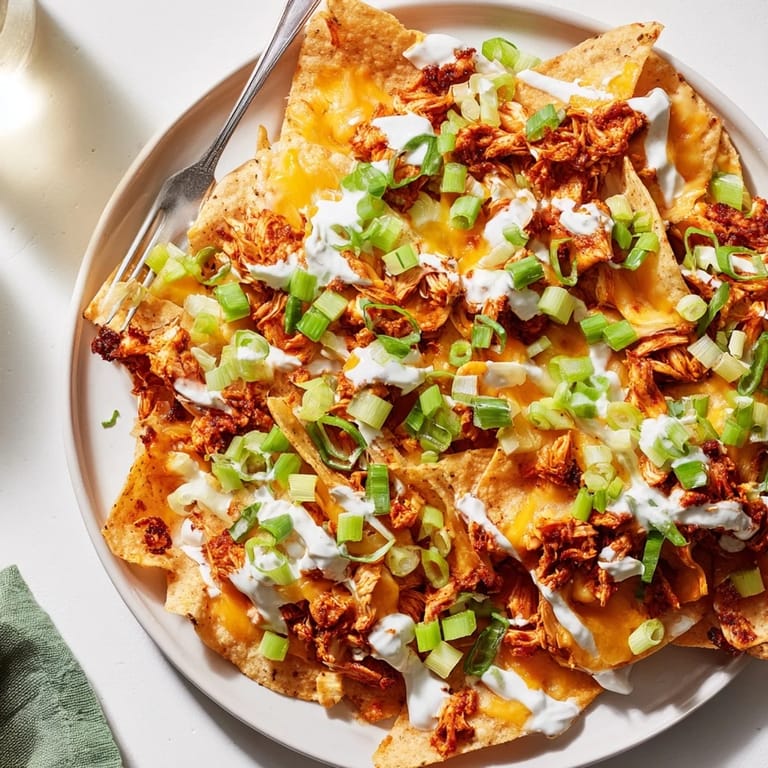 Spicy shredded chicken and gooey cheese blanket crispy tortilla chips on a serving platter.