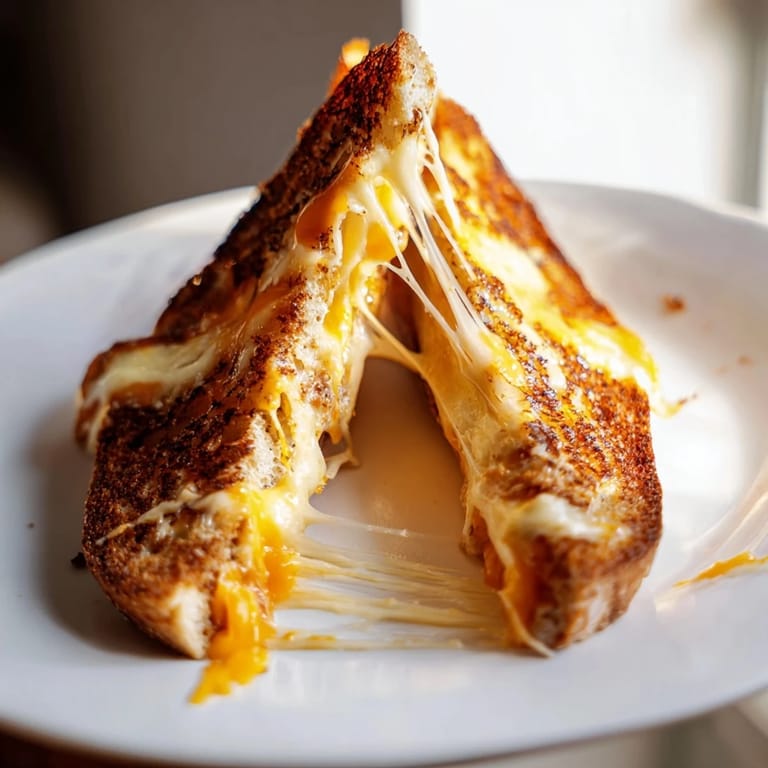 A close-up view of a warm Triple Cheese Sourdough Grilled Cheese with gooey cheese stretching between buttery, toasted sourdough slices.  