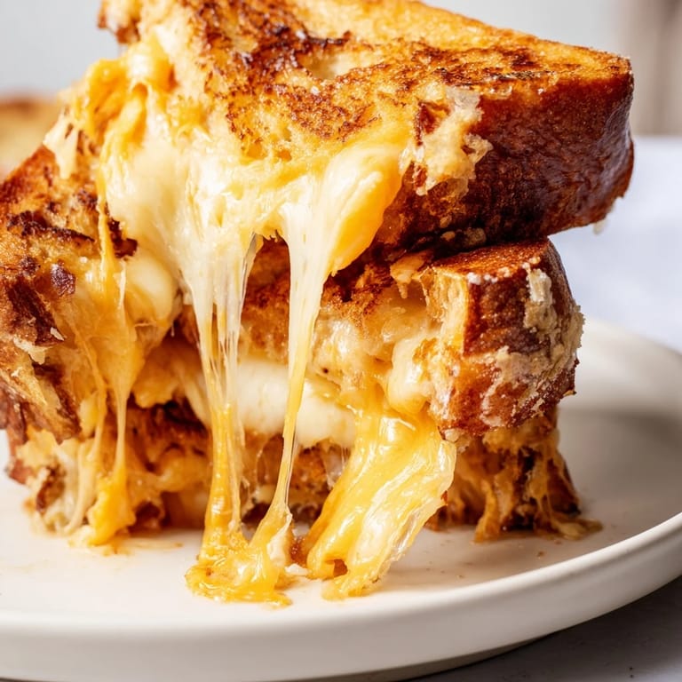 Perfectly grilled golden-brown Triple Cheese Sourdough Grilled Cheese served hot, ready to be dipped into a bowl of creamy tomato soup.