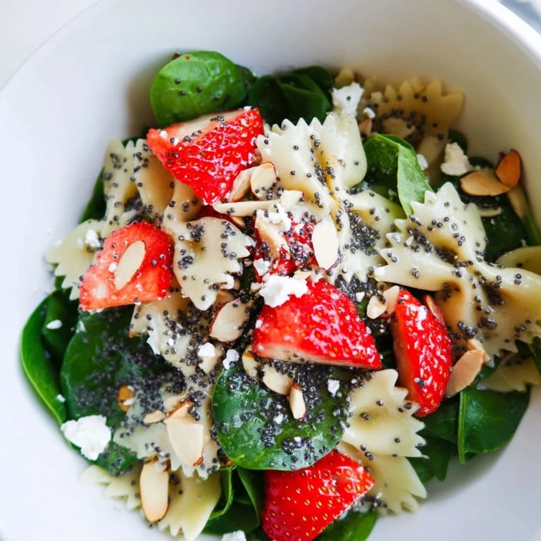 A refreshing bowl of Spring Spinach Strawberry Pasta Salad featuring bright berries, tender pasta, and a sweet-tart dressing.