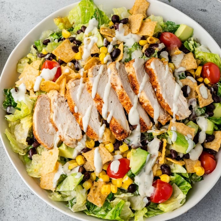 A large bowl of Crunchy Taco Chicken Salad features sliced chicken, beans, and corn, finished with crushed gluten-free taco shells for crunch.