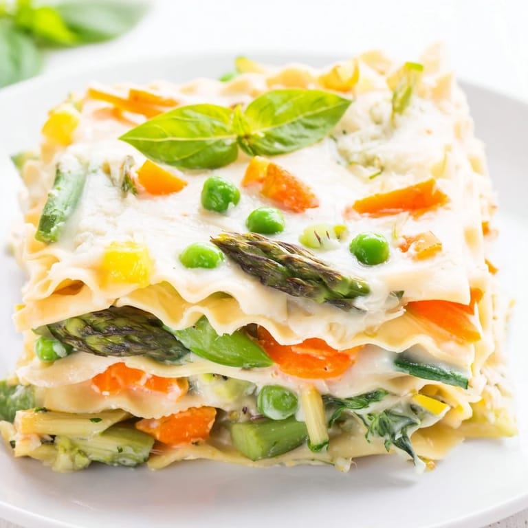 Spring Veggie Alfredo Lasagna with tender carrots, zucchini, and spinach baked in a ceramic dish.