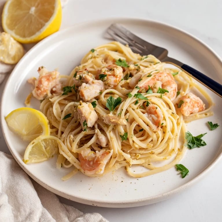 Savory Lemon Garlic Shrimp & Chicken Pasta served in a shallow bowl, garnished with chopped parsley and lemon wedges, steaming with aromatic garlic.