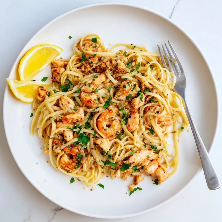 Hearty Lemon Garlic Shrimp & Chicken Pasta featuring succulent shrimp, juicy chicken, and al dente noodles tossed in a zesty, buttery sauce.