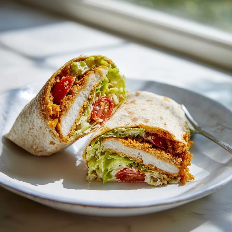 Freshly assembled Hot Honey Chicken Caesar Wraps served with a side of extra drizzle and cherry tomatoes, ready for lunch.