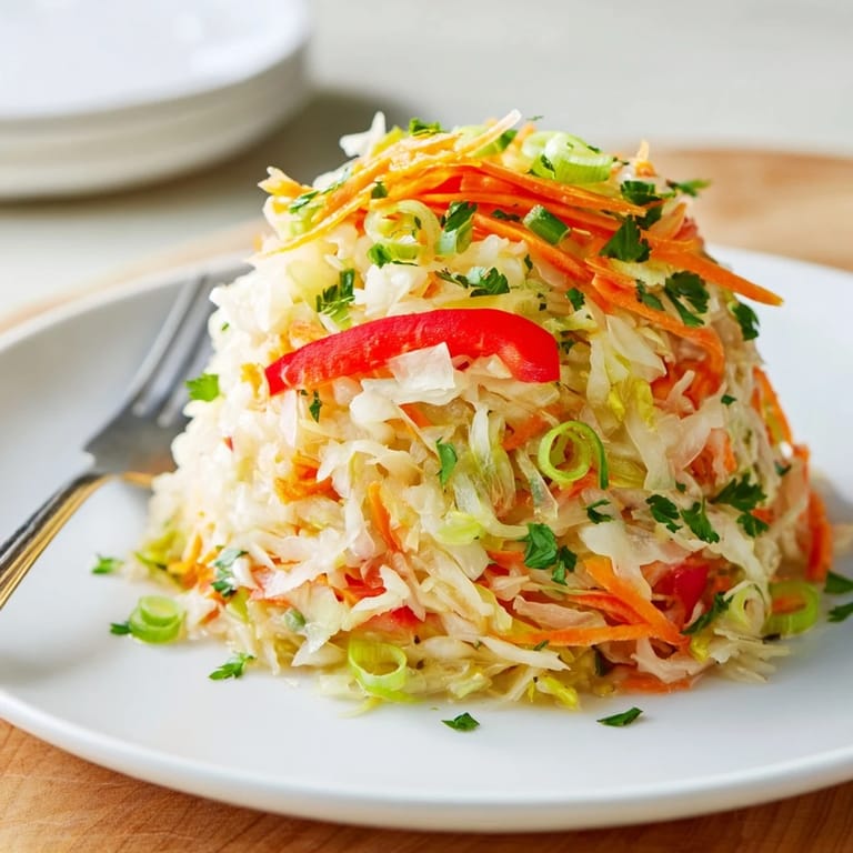 Vivid green and red vegetables in a large bowl of Sauerkraut Slaw, tossed with olive oil and herbs for a refreshing, gut-healthy accompaniment to any main course.