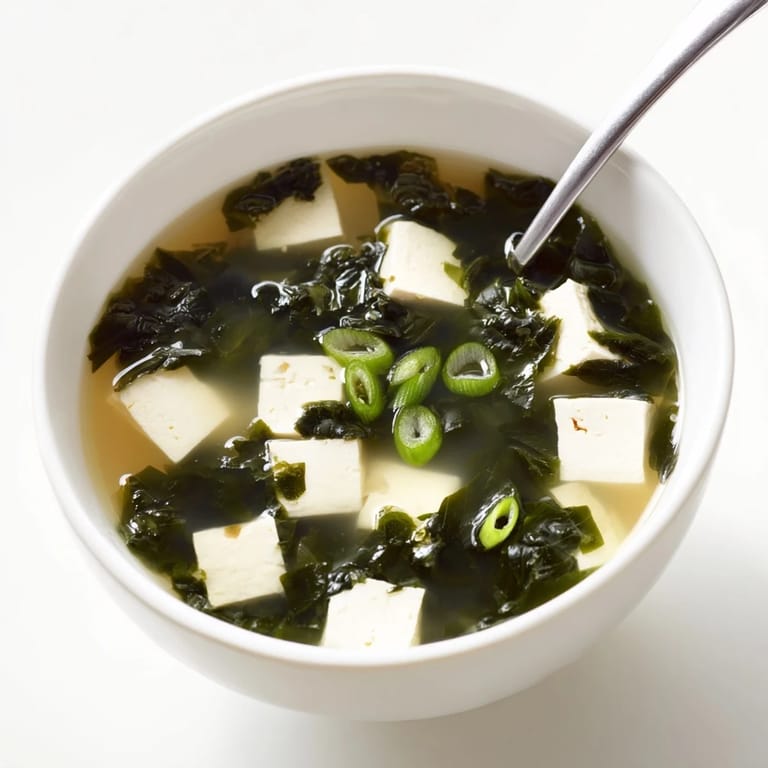 This nourishing Japanese wakame soup steams gently, revealing tender seaweed and soft tofu floating in dashi, perfect as a light, gluten-free side dish or lunch starter.