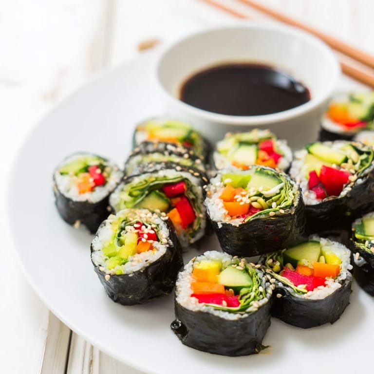 Bright green Nori Rolls with Vegetables feature julienned carrots and red bell peppers, offering a crunchy, healthy snack option.