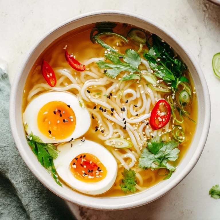 Shirataki Noodles With Broth garnished with soft-boiled egg, fresh green onions, and a sprinkle of sesame seeds.