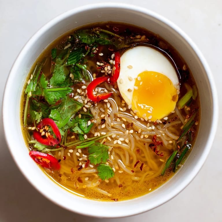 Close-up of Shirataki Noodles With Broth in a ceramic bowl, highlighting the rich, aromatic liquid and fresh toppings.
