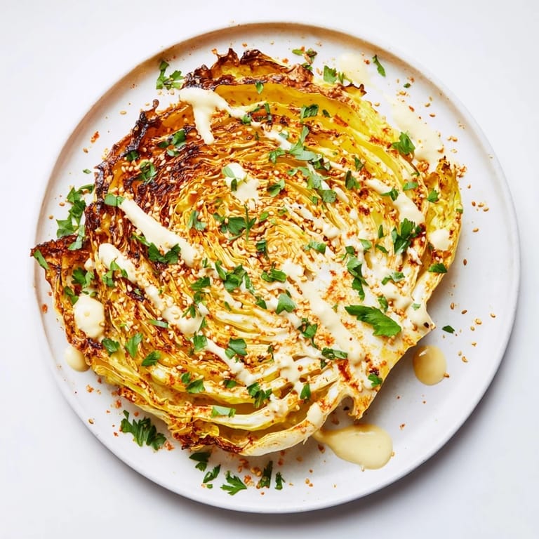 Roasted cabbage steaks with tahini, served warm as a vegan main or side dish for dinner.