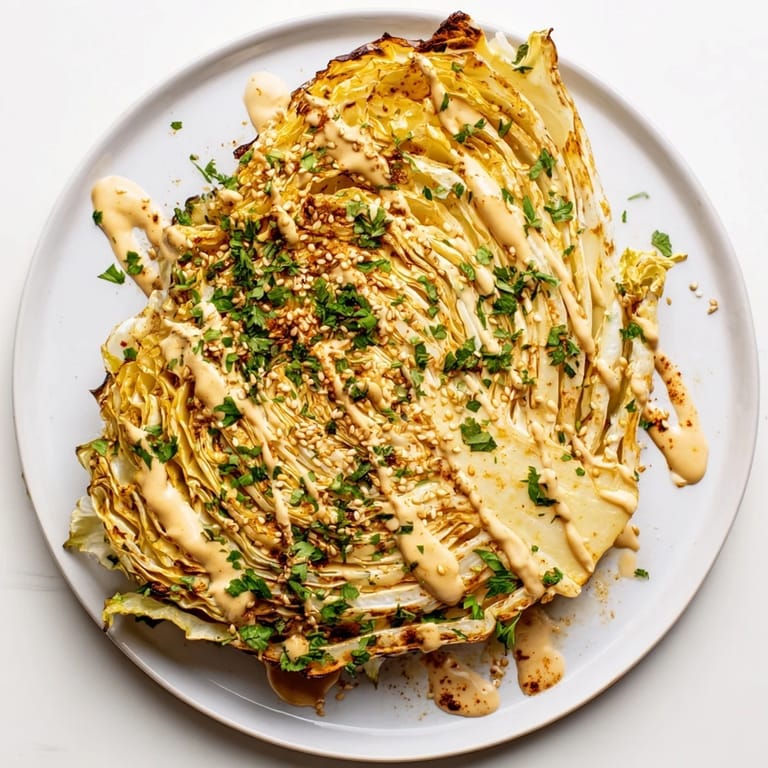 Caramelized roasted cabbage steaks with a velvety tahini drizzle and lemon wedges on a rustic platter.