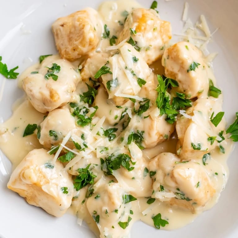 Tender chicken in a creamy garlic sauce, served alongside mashed potatoes for a comforting American dinner.