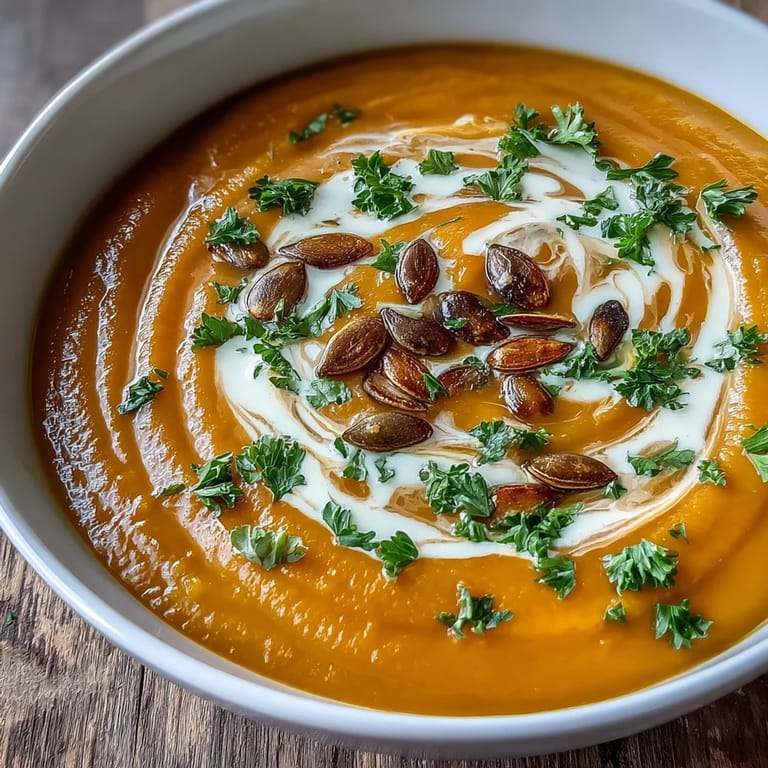 Warm pumpkin soup topped with toasted seeds and fresh chives served with crusty bread.